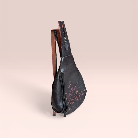 Handbags - Leather Floral Embroidered Crossbody Sling Bag - Dark Brown with pink flowers